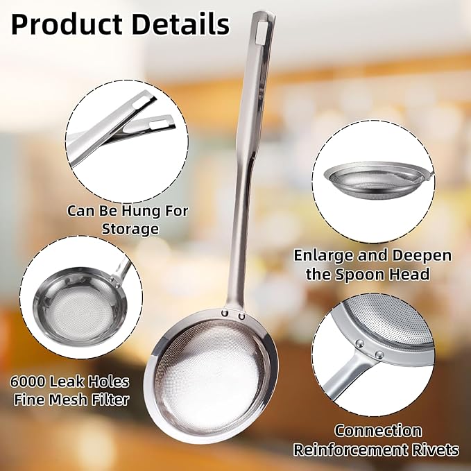 3Pack Fine Mesh Strainer, Metal Flat Skimmer Ladle Colander with Long Handle, Skimmer Cooking Basket for Kitchen food Strainer, Filtering Tea, Matcha, Cocktails, Juice (Small + Medium+ Large)