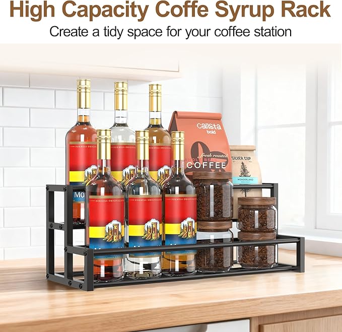 Expandable Coffee Syrup Organizer, Heavy Duty Syrup Rack Enlarged 6-12 Bottles Syrup Holder for Coffee Bar Accessories, Width Adjustable Space-Saving Storage Coffee Rack for Syrup, Liquor, Dressing