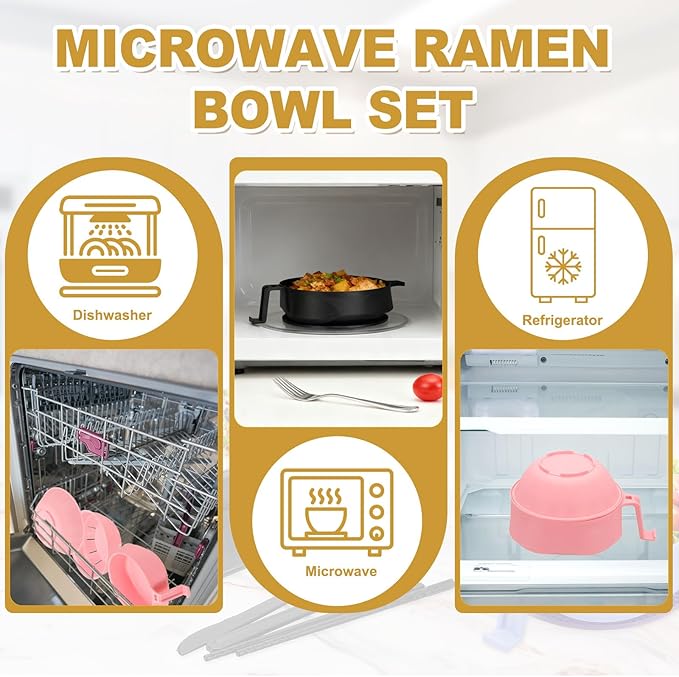 uxcell 2 Sets Microwave Ramen Bowl Set, Wheat Fiber Noodle Bowls Plastic Cooker with Lid Handle Fork Spoon Chopsticks for College Dorm Room Apartment, (Beige/Pink)
