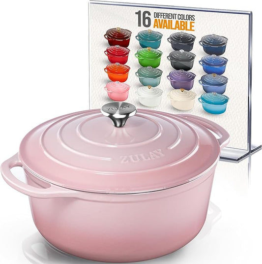 Zulay Kitchen 6 Quart Enameled Cast Iron Dutch Oven Pot with Lid – Premium Durability & Oven Safe up to 500°F – Heavy Duty Cookware Perfect for Bread Baking, Stews, Braising & Roasting – Pink