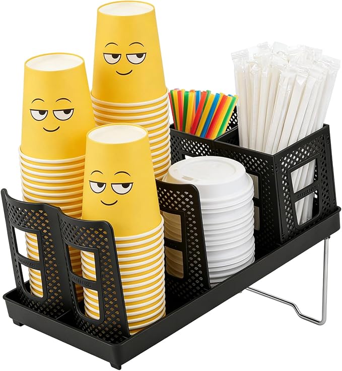 Coffee Cup Holder Organizer, Paper Cup and Lid Dispenser with Straw Storage Basket for Countertop Coffee Station Bar Cafe Restaurant Breakroom Kitchen Office Home Party (Black)