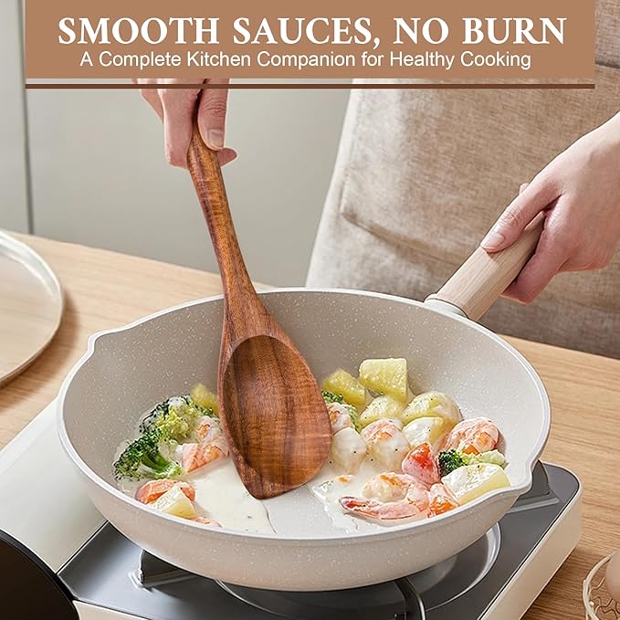 9 Piece Wooden Spoons for Cooking, Natural Teak Wooden Utensils Set, Handmade Wood Kitchen Utensil Set with Hooks, Durable Nonstick, Comfort Grip, Heat Resistant Wood Cookware Tool