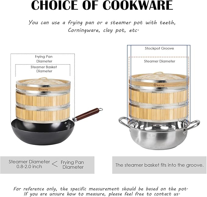 9.5-Inch Vertical Bamboo Steamer Basket, 3-Tier with Stainless Steel Rings | 50 Liners, Sauce Dish & 2-Chopsticks | Cooking Pot for Buns Dumplings Rice Vegetables Dim Sum