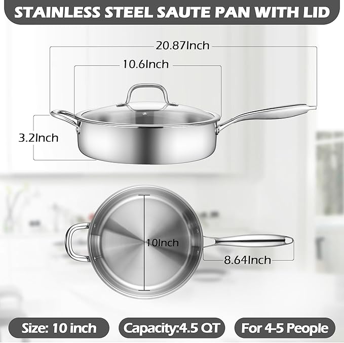 E-far 10 Inch Tri-Ply Stainless Steel Saute Pan, 4.5 Quart Deep Frying Pan with Lid, Kitchen Skillet, Healthy Non-toxic Cooking Pan for Induction Ceramic Gas Stoves, Heavy Duty, Oven & Dishwasher Safe
