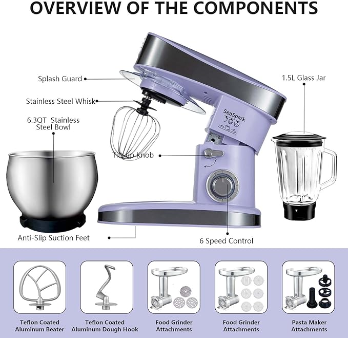 SeaSpark Multifunctional Stand Mixer, 6 in 1 Stand Mixer, 6.3Qt Tilt-head, Standing Mixer with Stainless Steel Bowl, Meat Grinder, Juice Blender, for professional Baking and Most Home Cooks, Purple
