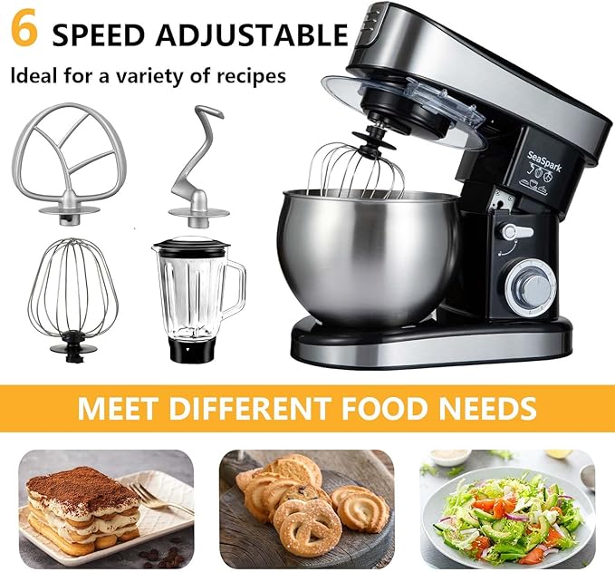 SeaSpark Multifunctional Stand Mixer, 6 in 1 Stand Mixer, 6.3Qt Tilt-head, Standing Mixer with Stainless Steel Bowl, Meat Grinder, Juice Blender, for professional Baking and Most Home Cooks, Black