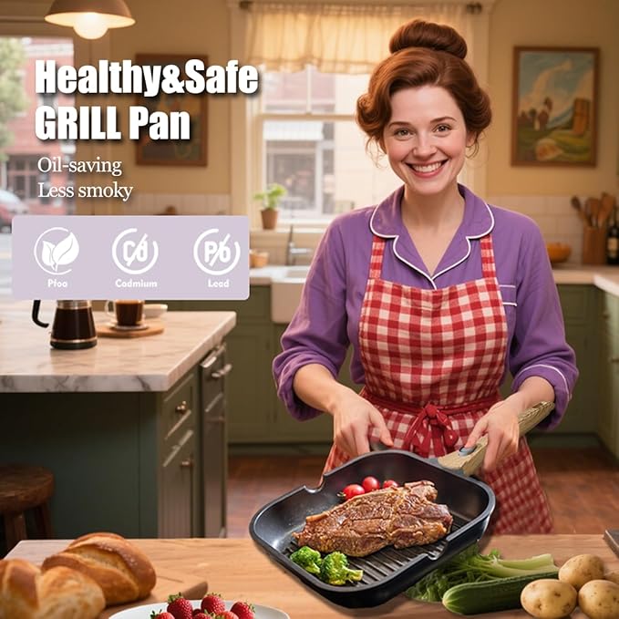 SC Cooker Nonstick Square Grill Pan for Stove Tops, Detachable Handle Griddle Pan,9.5inch Remove Handle Grill Pan with Pour for Cooking,Induction,Gas,Non Toxic,PFOA Free(Granite, Square-9.5inch)