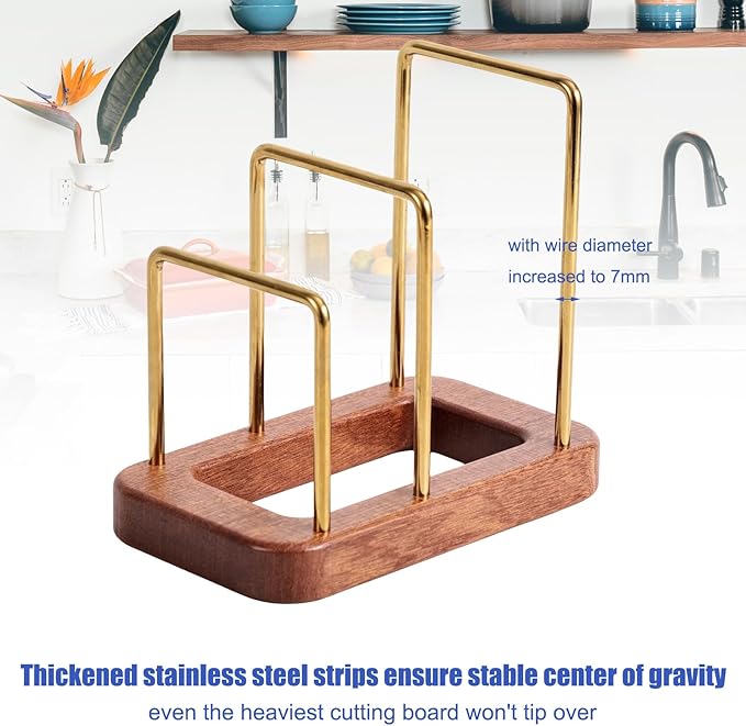 Chopping Board Holder, Cutting Board Rack with Wooden Base Multi-Tiered Pot Lids Storage Rack Plates Organizer Cabinet Storage Divider Accessory for Kitchen Countertops