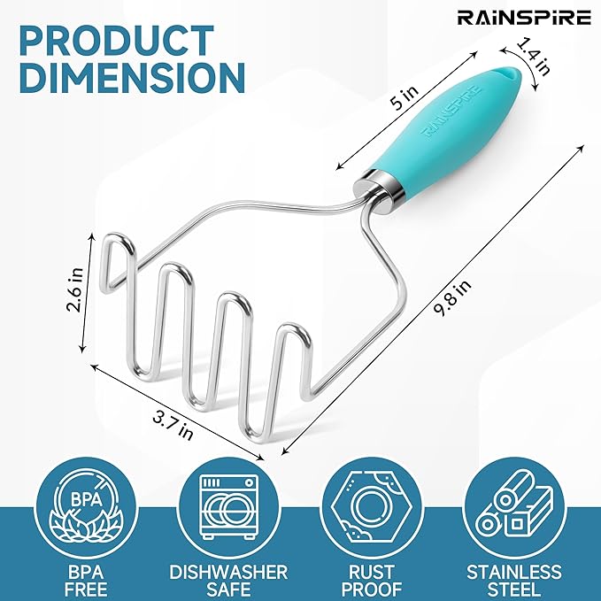 Rainspire Potato Masher Stainless Steel, Mashed Potato Masher Kitchen Tool, Durable Mash Potatoes Masher, Soft Non-slip Handle, Kitchen Utensils, Kitchen Gadgets (Blue)