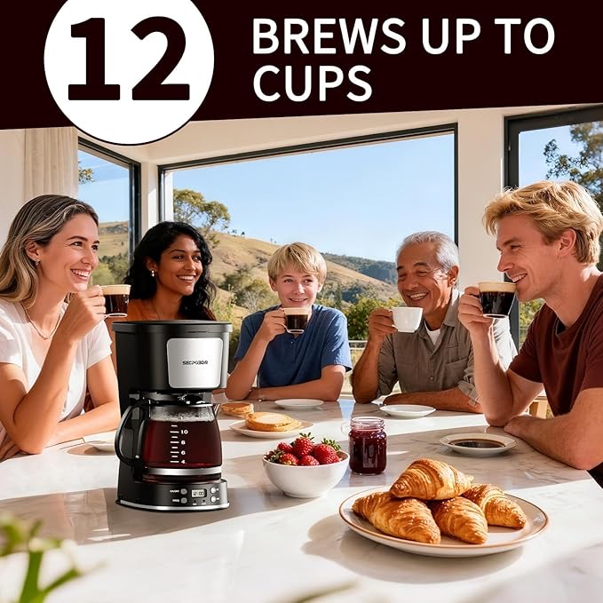 SECPOEDR 12-Cup Drip Coffee Maker with Reusable Filter,Programmable Clock,Auto Brew,Water Window,Keep Hot Plate,Glass Carafe,Compact Design for Kitchen,Office,Silver and Black,Stainless Steel