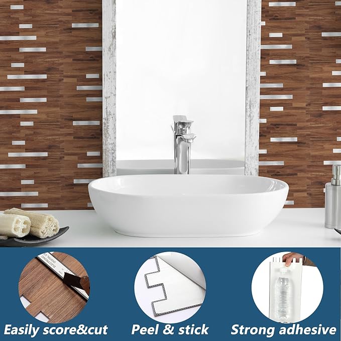 Yipscazo 2 Sheets PVC Wall Tiles Stick on Tiles for Backsplash Kitchen, Bathroom, Laundry Room, Camper, Fireplace (6'' X 12'', Brown Wood)
