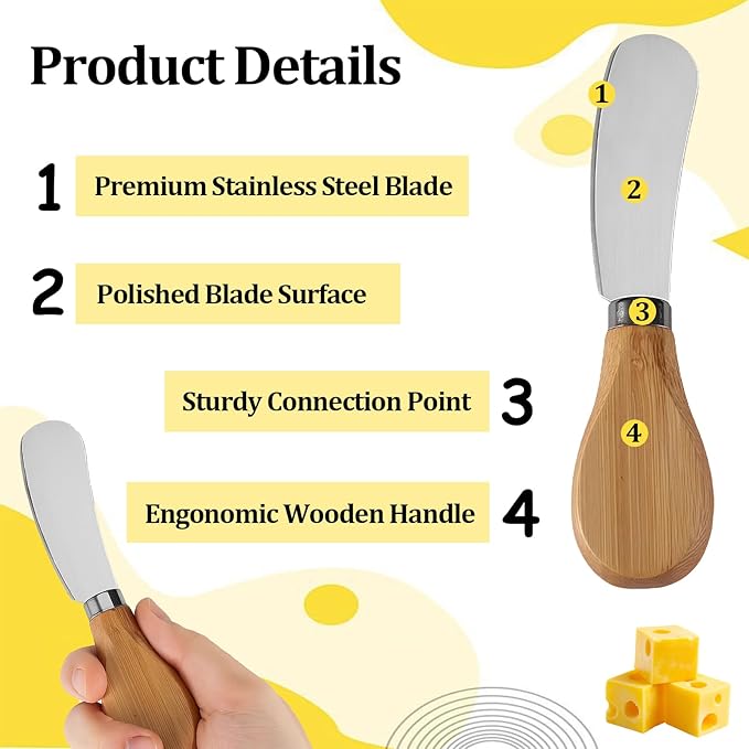 Cheese Spreader Knives,6 PCS Stainless Steel Butter Knife Spreader with Wooden Handle,Small Cheese Knives for Charcuterie Board
