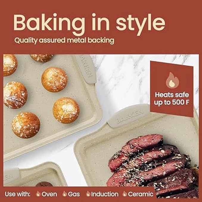 BAKKENMASTER 18-Piece Deluxe Nonstick Carbon Steel Bakeware Set - Professional Kitchen Oven Baking Pans with White Silicone Handles and Accessories