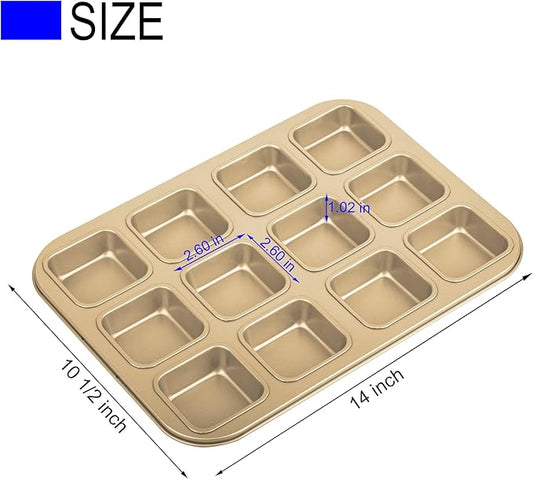 Tiawudi 2 Pack Brownie Pan, Non-stick Bakeware for Bread and Loaf, Heavy Duty Carbon Steel Mini Muffin Pan, 12-Cavity