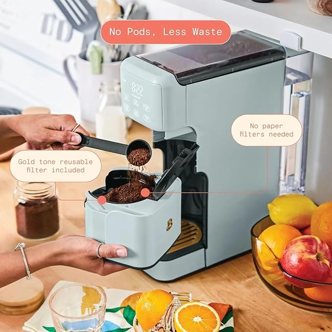 Beautiful Perfect Grind Programmable Single Serve Coffee Maker, Burr Grinder, 64 oz Reservoir, 6 Brew Sizes by Drew Barrymore (Hydrangea)