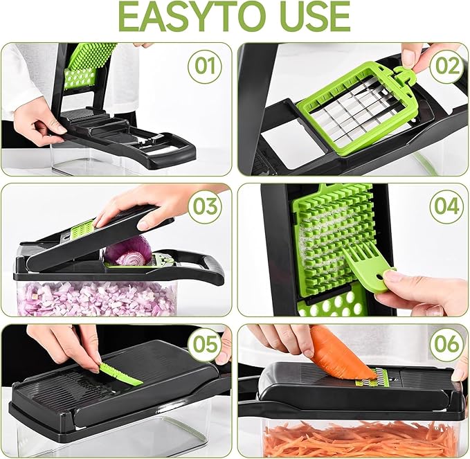 Vegetable Chopper, Food Veggie Chopper, Onion and Vegetable Slicer with Container, Dicer, Kitchen Gadget and Essential (15 in 1, Gray-Green)