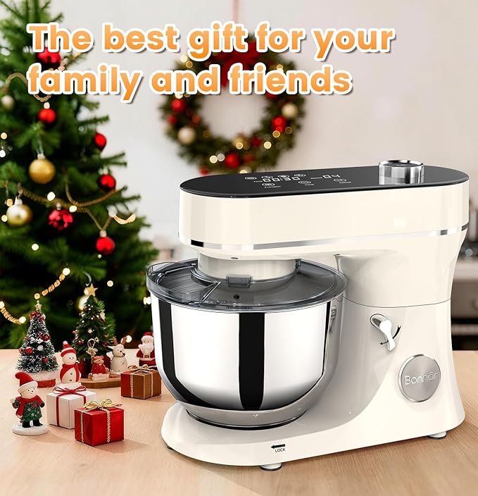 Bonnor Stand Mixer 6QT Kitchen Mixer with LED Smart Touchscreen, 11-Speed Tilt-Head Mixer with Timer, 4 Preset Menus, Stainless Steel Bowl, Dough Hook, Whisk, Beater,White