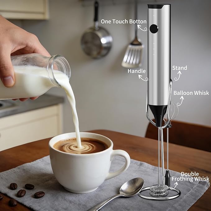 BZPP Kitchen Milk Frother Handheld with Stand, 3 Speeds Adjustable Mixer Electric Handheld Frother Wand, Hand Mixer Matcha Whisk Coffee Stirrers for Matcha, Hot Chocolate, Egg - Stainless Steel