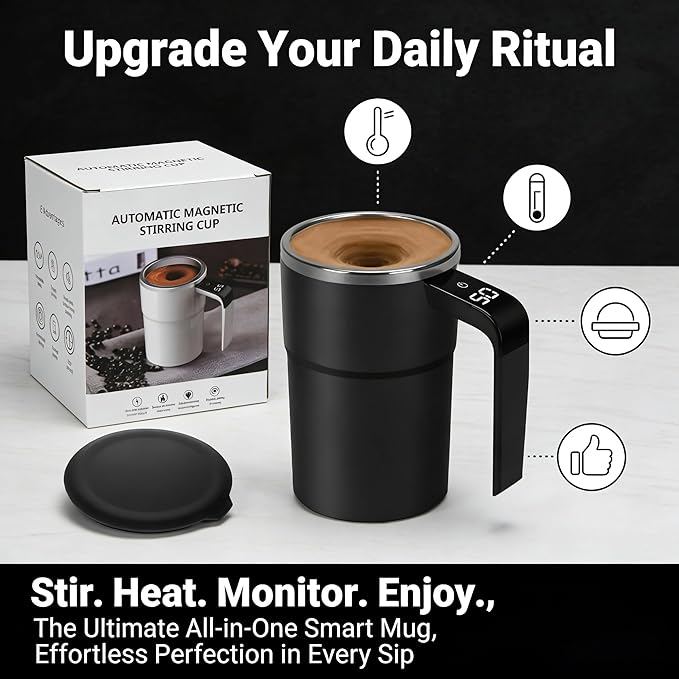 Electric Coffee Mug with a Built-In Lcd Thermometer, 13oz Automatic Self Stirring Coffee Mug, Perfect for Brewing Milk, Cocoa, Etc (White)