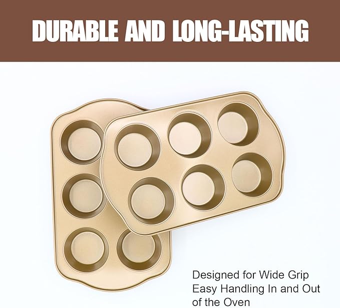JOHO BAKING Jumbo Muffin Pan 2 Pack, Nonstick Large Cupcake Pan 6 Cup, Heavy Duty 0.5mm Thick Steel Big Muffin Tins for Baking, 3.5inch Dia, Gold