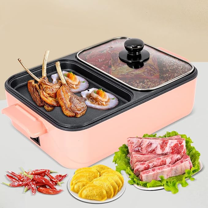 1500W Electric Hot Pot with Grill, 2 in 1 Indoor Korean BBQ Grill & Electric Hot Pot Shabu Shabu Pot, Independent Dual Temp Control Non-Stick Pan for 2-4 People