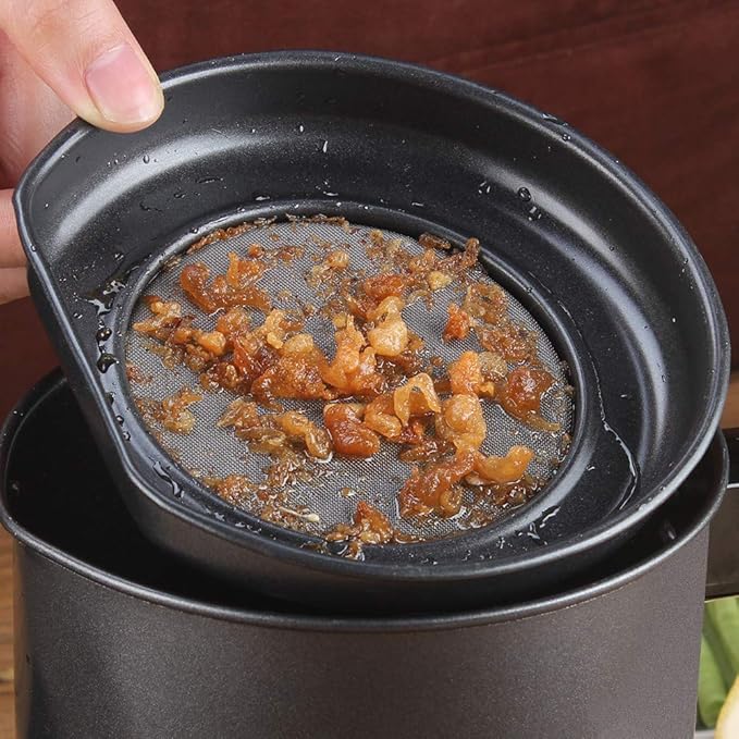Ourokhome Bacon Grease Container with Strainer- 1.3 L or 5.2 Cup Iron Kitchen Oil Storage Can with Fine Mesh Strainer for Storing Hot Frying Oil, Fat (Black)