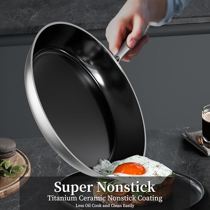Innerwell Stainless Steel Frying Pan Set with Lid 8.6inch and 12inch Titanium Ceramic Nonstick Frying Pan Kitchen Cookware Set Skillet with Stay-Cool Handle Non Toxic PFOA Free Suitable for All Stove