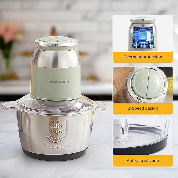 COOKZHOM Green Food Processor,500W Electric Meat Grinder with 8 Cup Stainless Steel Bowl and 4 Sharp Blades, Food Chopper & Vegetable Chopper for home use,Meat Processor, Vegetables, Fruits and Nuts