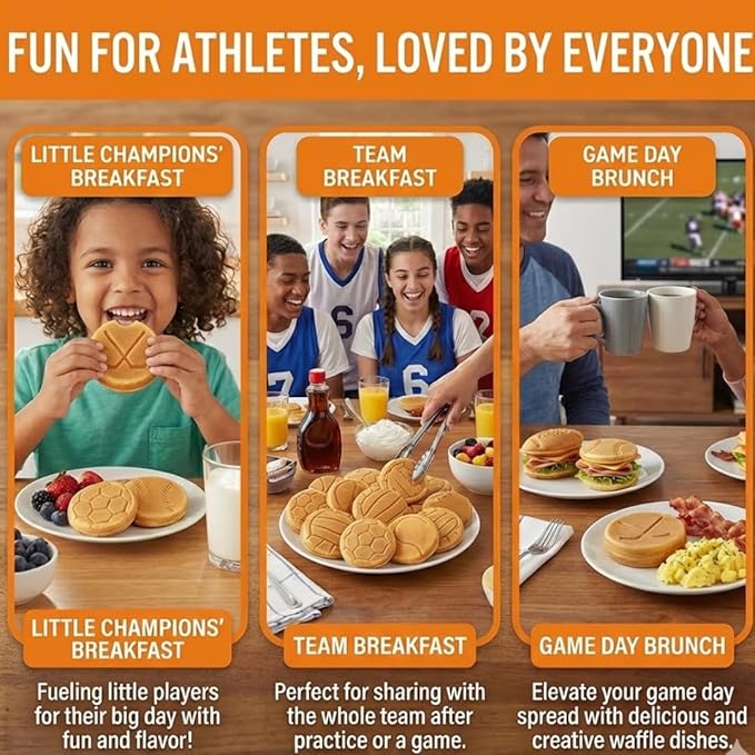 Sports Waffle Maker- Make Breakfast a Slam Dunk- Bakes 7 Themed Pancakes Including Football, Baseball, Basketball, Soccer, Tennis & More- Electric Nonstick Waffler with Recipe Guide- Kids Morning Fun