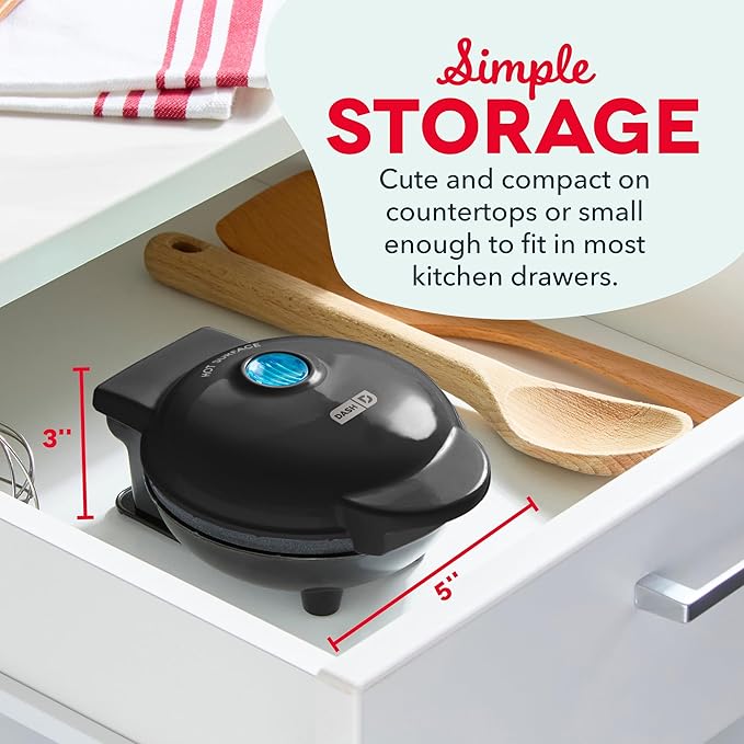 Dash Mini Waffle Maker- Compact Electric Iron for Creative Homemade Treats - PTFE nonstick surface - Easy-to-Clean - Perfect for Kids & Families - Black