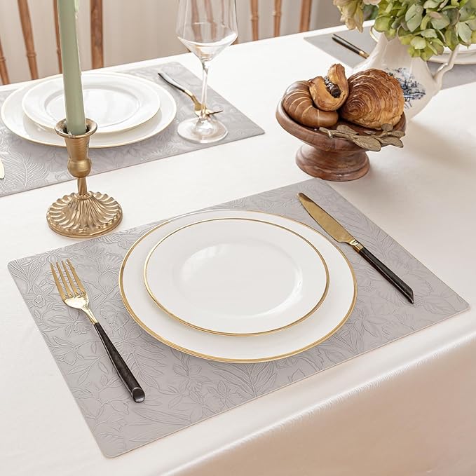 Romanstile Vinyl Placemats Set of 6-12 X 17 Inch - Heat Resistant Non-Slip Embossed Floral Place Mats 100% Waterproof Oilproof Wipeable Faux Leather Table Mats for Kitchen/Dining/Party, LightGrey
