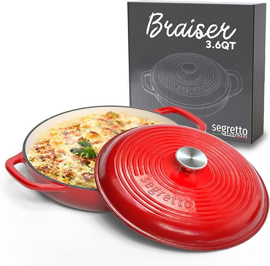 Segretto Cookware Enameled Cast Iron Braiser, 3.6 Quarts, 30cm, Red