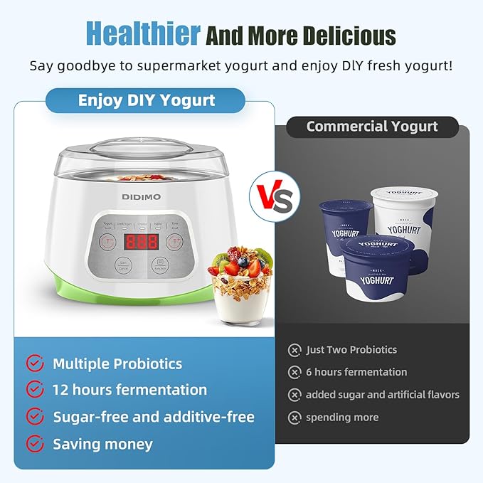 1.37QT Yogurt Maker Machine with Glass Bowl, Automatic Electric Greek Yogurt Maker with 24H Timer & Constant Temperature Control, 3-in-1 Probiotic Maker for Natto & Rice Wine