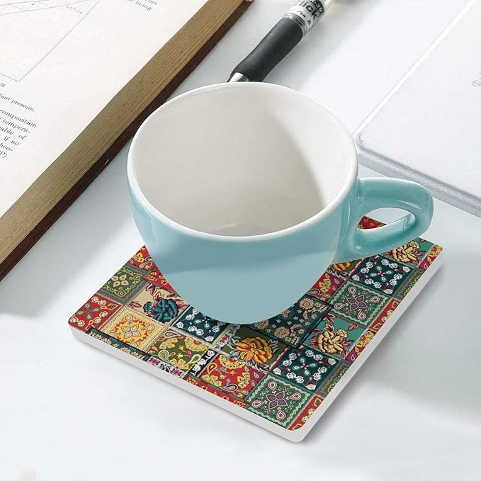Floral Drink Coasters, Square Ceramic Drink Coaster Square-6PCS, Abstract Perris Flower Nature Plant Colorful Boho Floral Decor Absorbent Ceramic Coasters for Beverage Cup, Bar, Coffee Table