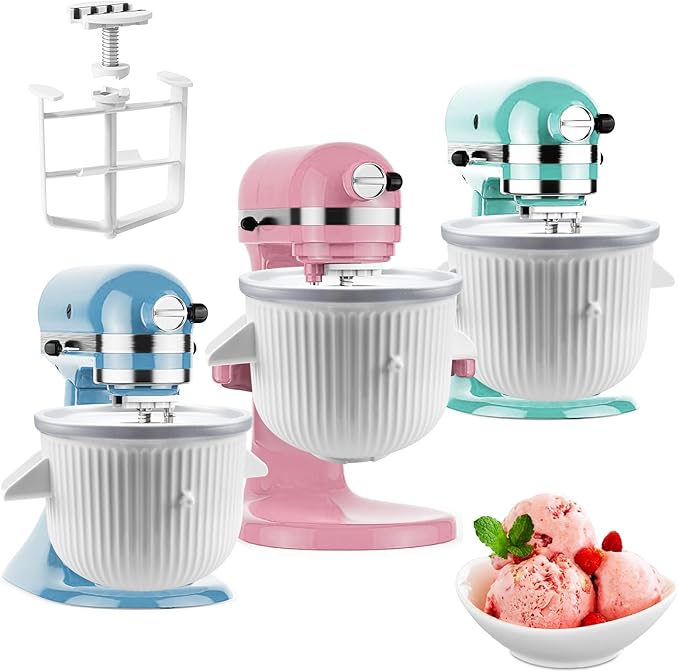 Ice Cream Maker Attachment for KitchenAid Stand Mixer, Ice Cream Bowl Compatible with 4.5Qt and Larger Stand Mixers, Frozen Yogurt Ice Cream & Sorbet Gelato Maker Attachment, 2 Quart, White