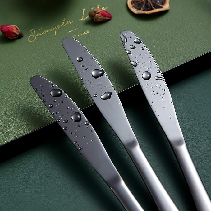 Black Dinner Knives Set Of 12, Berglander Stainless Steel Titanium Plating Shiny Black Dinner Knife, Butter Knife Spreader Table Knives Sturdy And Dishwasher Safe