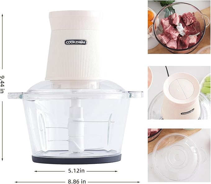 COOKZHOM 500W Food Processor, White Meat Grinder with Glass Bowl 8 Cup, Electric Food Chopper with 2 Sharp Blade Sets for Meat, Fruits, Vegetables, Baby Food, Nuts, 2 Speed