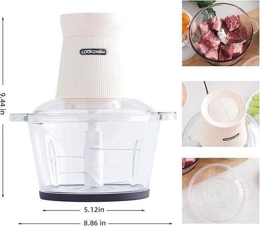 COOKZHOM 500W Food Processor, White Meat Grinder with Glass Bowl 8 Cup, Electric Food Chopper with 2 Sharp Blade Sets for Meat, Fruits, Vegetables, Baby Food, Nuts, 2 Speed