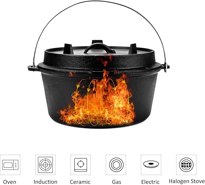 DARTMOOR 9 Quart Pre-Seasoned Cast Iron Dutch Oven with Lid and Lid Lifter Tool Outdoor Deep Camp Pot for Camping Fireplace Cooking BBQ Baking Campfire 9 QT
