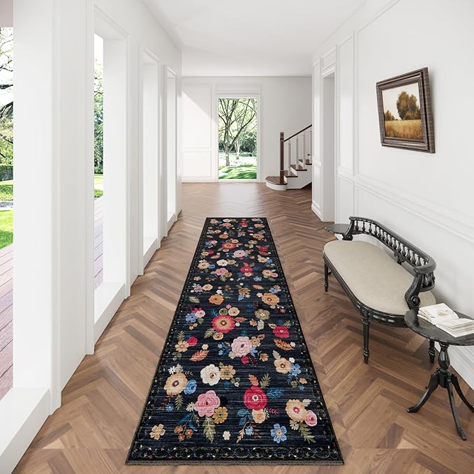 Machine Washable Rug Runners for Hallways: 2x10 Kitchen Rugs Stain Resistant Non Slip Floor Rug with Rubber Backing Soft Floral Carpet Runners for Kitchen Entryway Bedroom Laundry Farmhouse