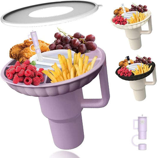 Stanley Snack Tray with Lid and Straw Covers Cap，Compatible with Stanley Cup 40 oz, Stanley Cup Accessories for Car Cup Holder, Home, Party,Outdoor，Silicone Snack Bowl Purple