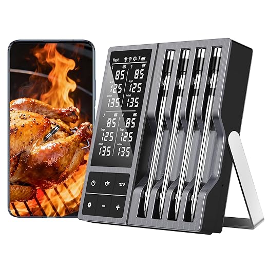 Smart Wireless Meat Thermometer with 4 Probes & 800ft Range, Bluetooth Grill Food Thermometer, Digital Backlit Screen, 0.5S Instant Read, NIST ±0.5℉ Accuracy for Kitchen BBQ, Oven, Smoker, Air Fryer