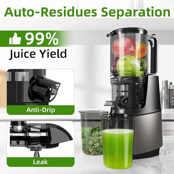 EanOruus Cold Press Juicer, 5.8" Wide Feed Chute Juice Extractor Machine with 400W, High Juice Yield, Slow Masticating Juicer for Whole Vegetables & Fruits, Grey