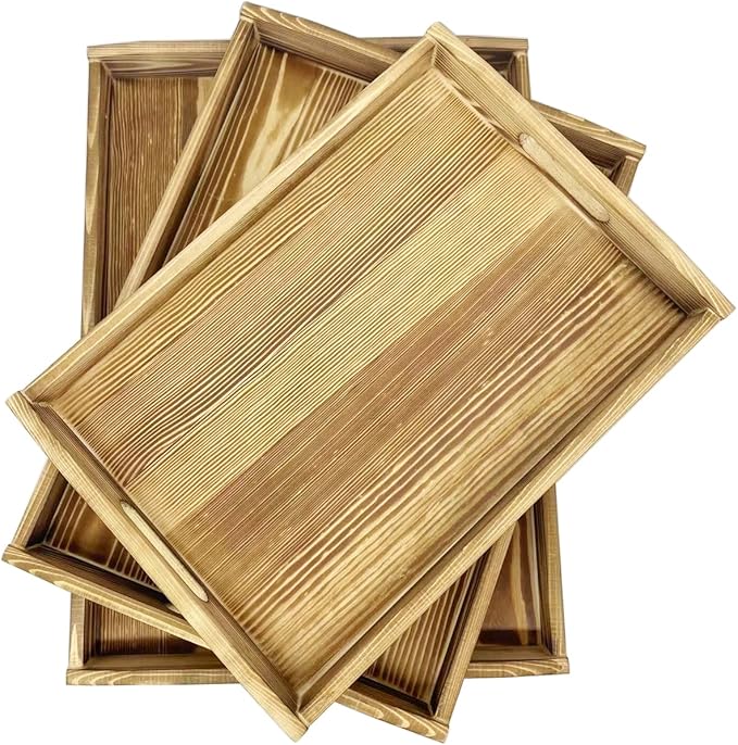 Owlgift Rustic Burnt Wood Serving Trays with Brass Metal Wrap Accents, Set of 3