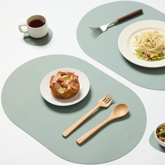 Mint Green Oval Silicone Placemats Set of 4 with Matching Coasters – Heat Resistant, Waterproof, Easy to Clean Non-Slip Modern Dining Table Mats – Premium Leather Textured Japandi Kitchen Décor