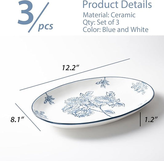 Ceramic Serving Platters, 12 Inch Large Serving Trays, Oval Plates for Dessert Appetizers Meat/Entertaining/Party, Blue and White, Set of 3