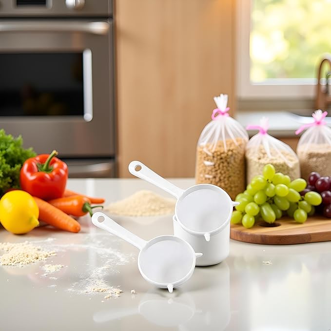 2Pcs Small White Mesh Kitchen Sifter - Plastic Mesh Strainers Sieve,Colanders and Sieve with Handle for Tea Pasta Flour Rice Fruits Vegetable, Food Strainers
