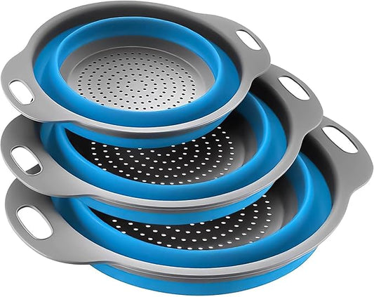 Collapsible Colander Set,Premium Food Grade Silicone Folding Strainers with Handles Space Saving Colanders for Draining Pasta,Vegetables & Fruits,Ideal for Kitchen & Travel (3pc(blue))