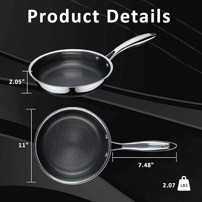 SAKAMOSH 11" Non Stick Frying Pans, Hybrid Ceramic Stainless Steel Pan, Skillet with Stay-Cool Handle, Non Toxic, PFAS PFOA PTFE Free, Dishwasher & Oven Safe, Induction, Compatible with All Cooktops