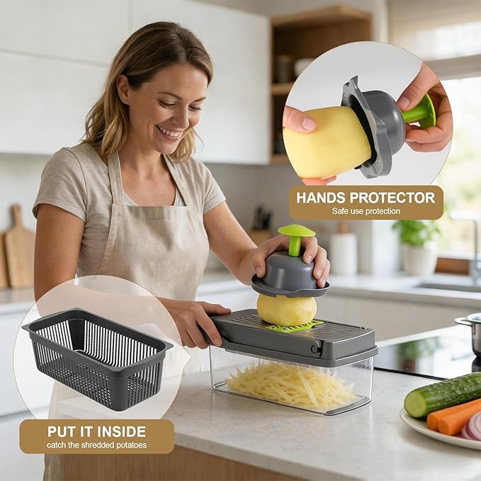 15-in-1 Vegetable Chopper, Kitchen Gadgets with 8 Blades, Food,Veggie, Onion Chopper, Cucumber Slicer, Versatile Mandoline, Includes Egg Separator & Vegetable Peeler, Gray